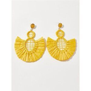 Women’s Statement Raffia Tassel Earrings Boho Dangle Drop Yellow